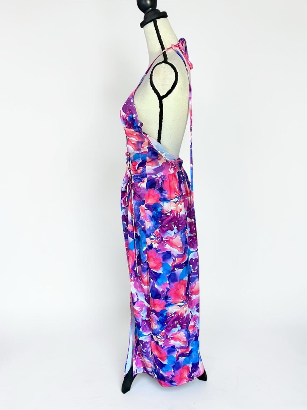 For Love & Lemons Natasha Floral Satin Maxi Dress XS Cutout Vacation Resort - Picture 7 of 13